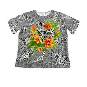 Nancy Bolen City Girl Top Women M Black Zebra Floral Print Stretch Crew Neck NEW
